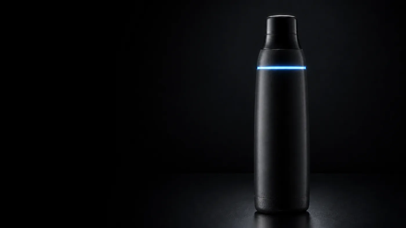 Hero-Motiv der mattschwarzen Flasche mit blauem Lichtring