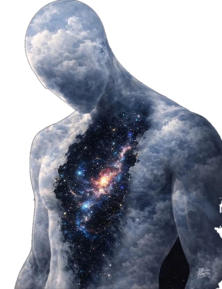 Figur aus Wolken mit einer Galaxie im Inneren - Sinnbild für Websites mit Charakter